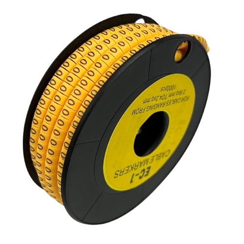 Cable management spool with yellow labels marked O Marker 2.6mm to 4.2mm for wire identification