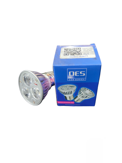 3W LED 220V E27 Warm White bulb by OES next to its blue packaging box