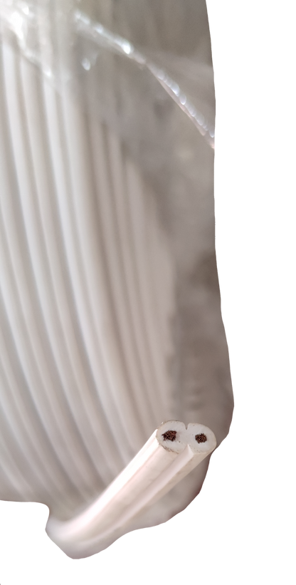 Flat Cord AWG 12 White 1Roll showing two insulated copper wires for electrical projects