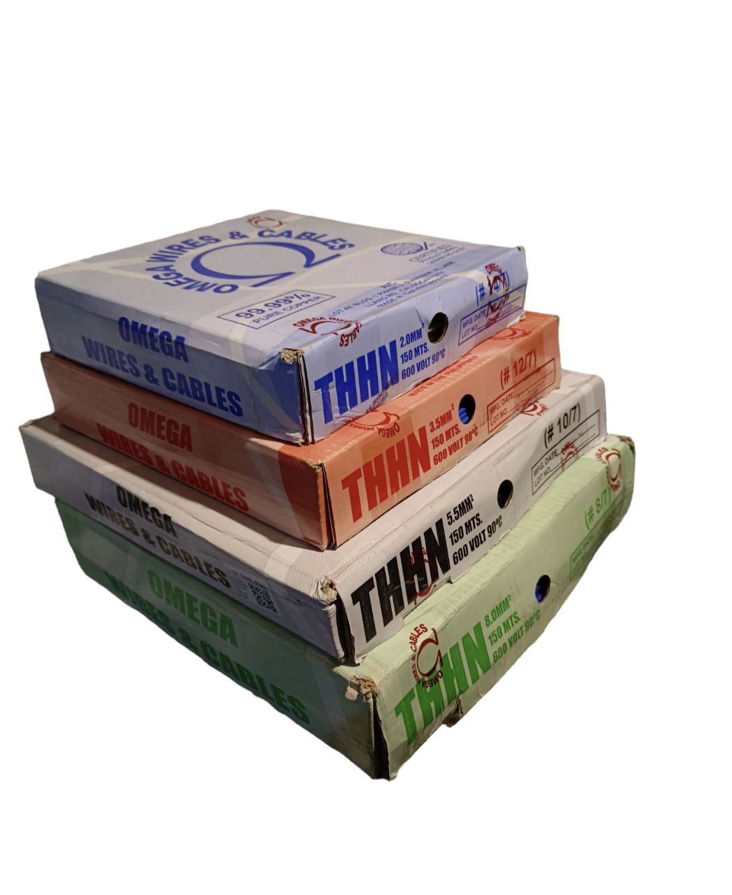 Omega THHN Wire 8 mm Stranded 1 Roll in stacked boxes showcasing different colors and packaging