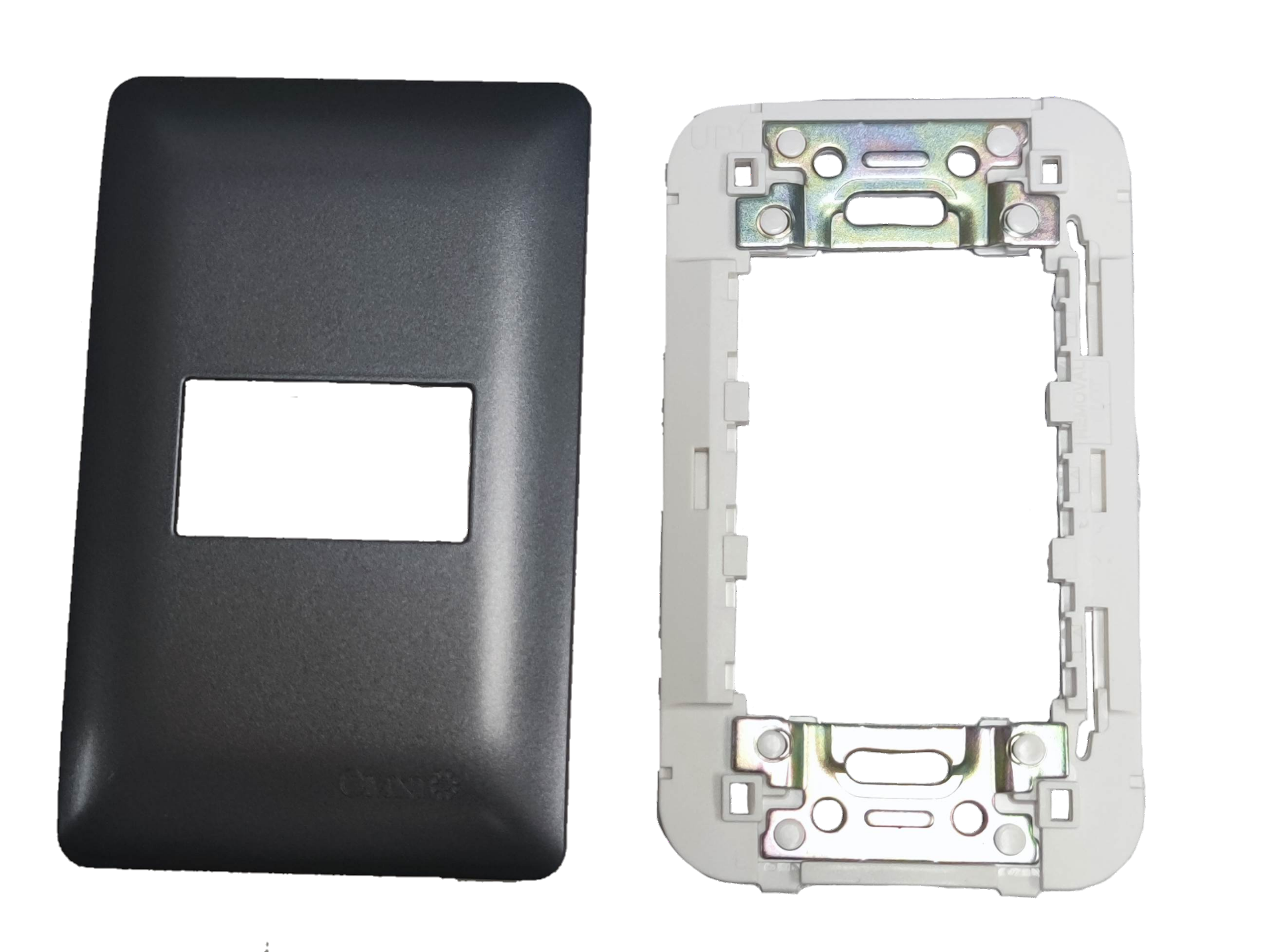 Omni 1 Gang Plate Graphite Series DWP-110G single gang graphite wall plate with white mounting frame and metal brackets