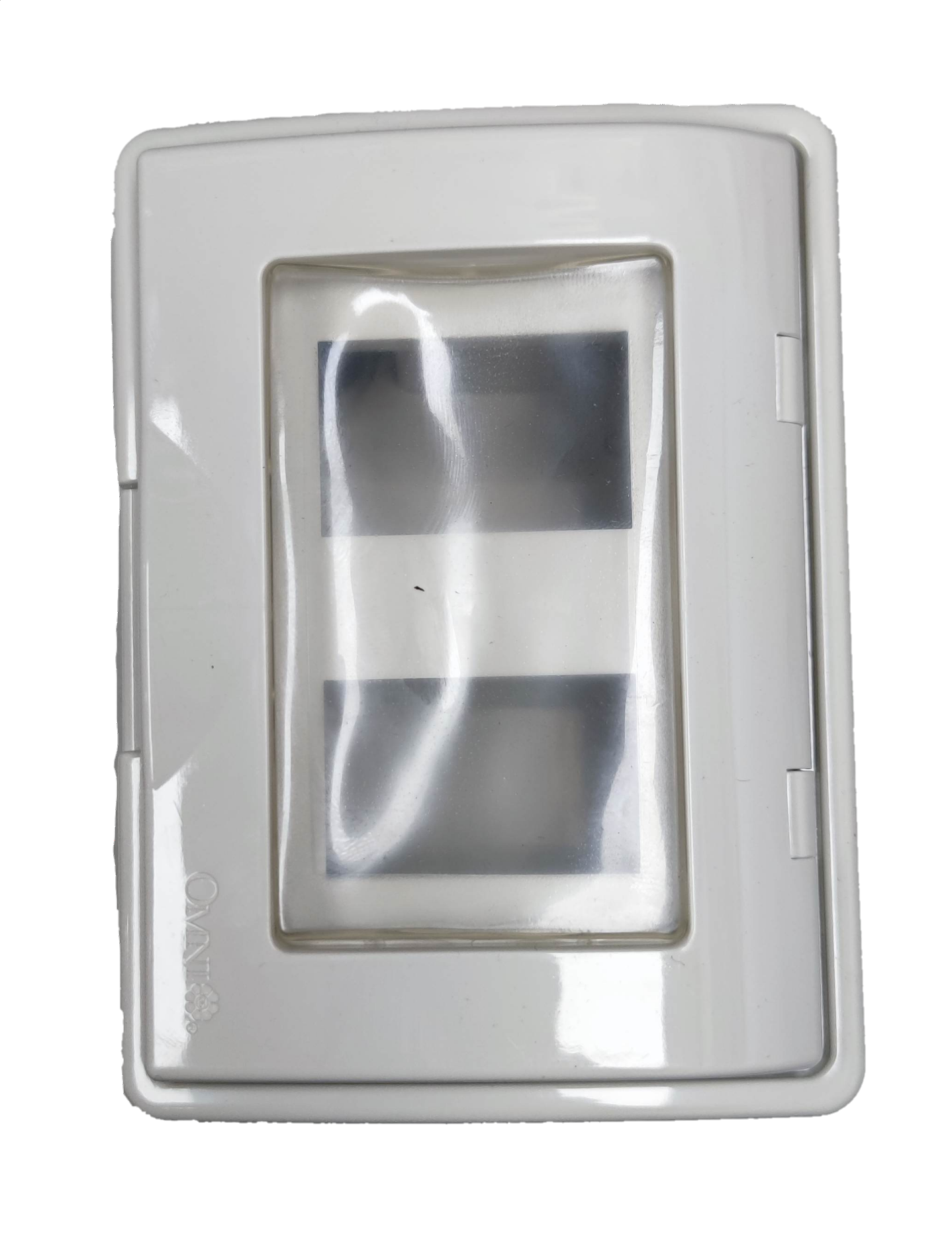 Omni 1 gang to 3 gang device cover in white with a clear protective front for electrical safety