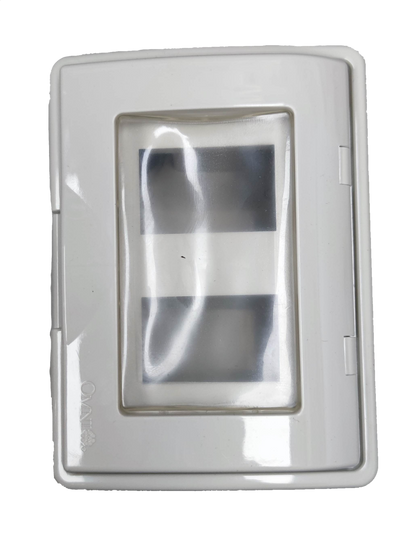 Omni 1 gang to 3 gang device cover in white with a clear protective front for electrical safety