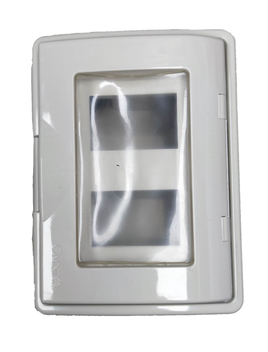 Omni 1 gang to 3 gang device cover in white with a clear protective front for electrical safety
