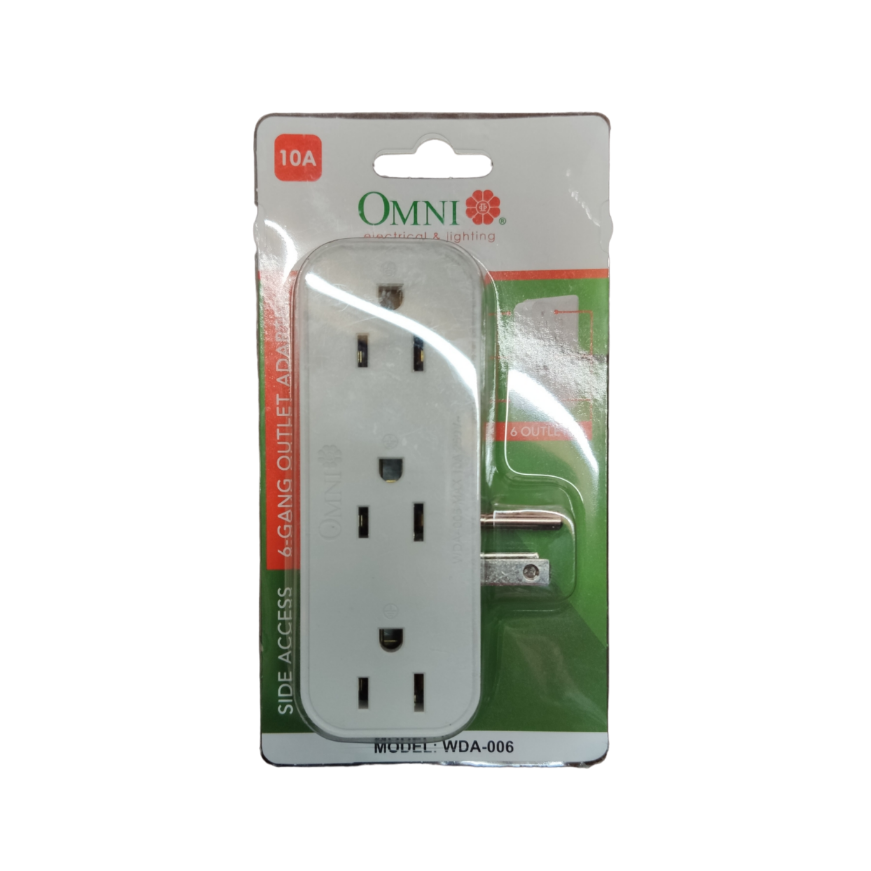 Omni 10A 250V multi socket adapter with 6 outlets and side access design for convenient power access.
