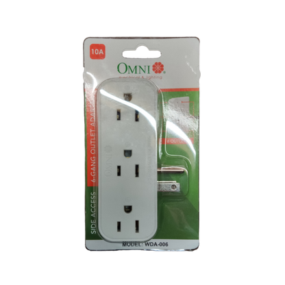 Omni 10A 250V multi socket adapter with 6 outlets and side access design for convenient power access.