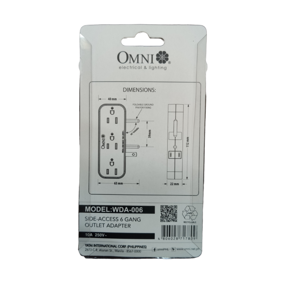 Omni 10A 250V multi socket adapter with side-access design for convenient use
