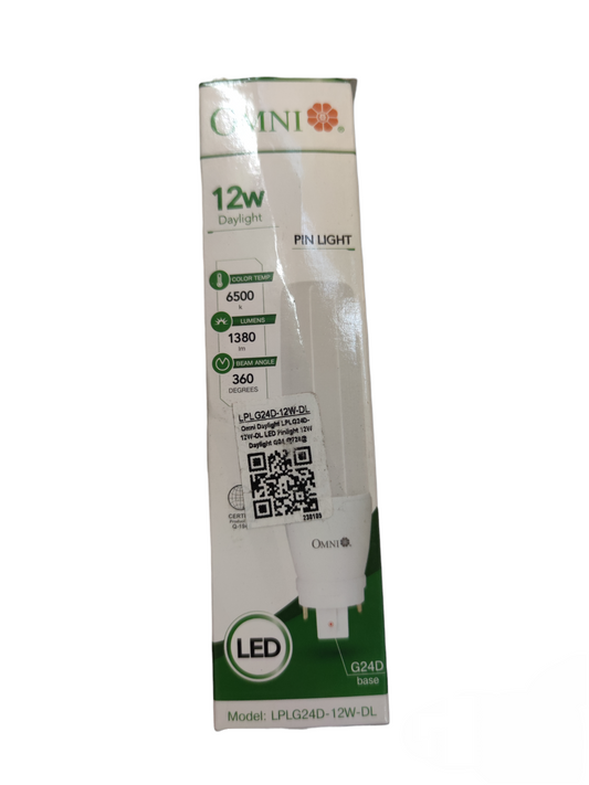 Omni 12W LED Pinlight G24d Daylight bulb in white packaging with product specifications