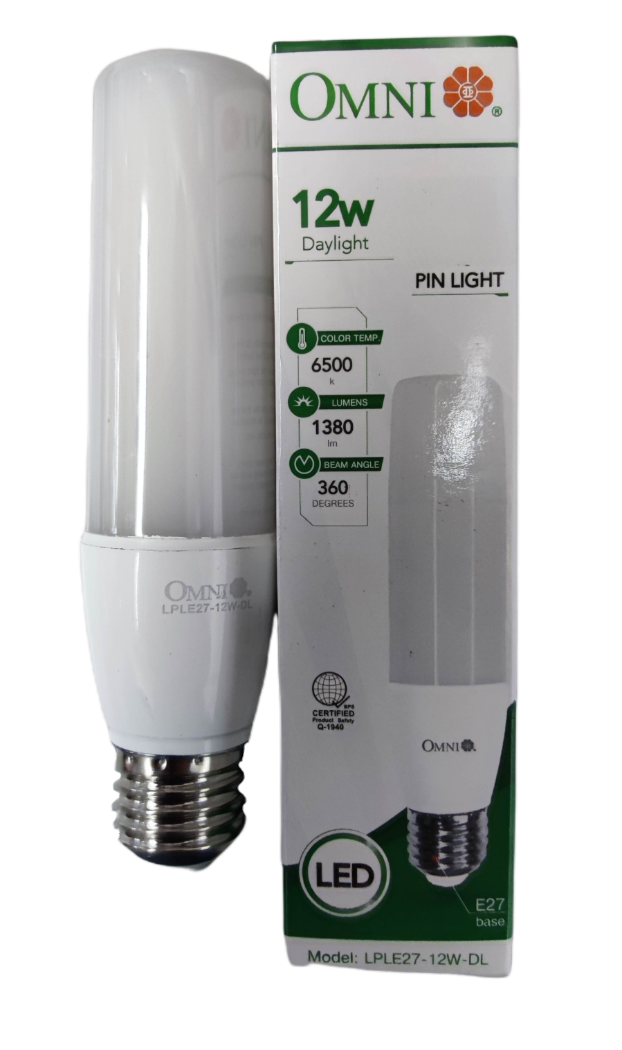 Omni 12W LED stick daylight bulb E27 in white packaging for energy-efficient lighting