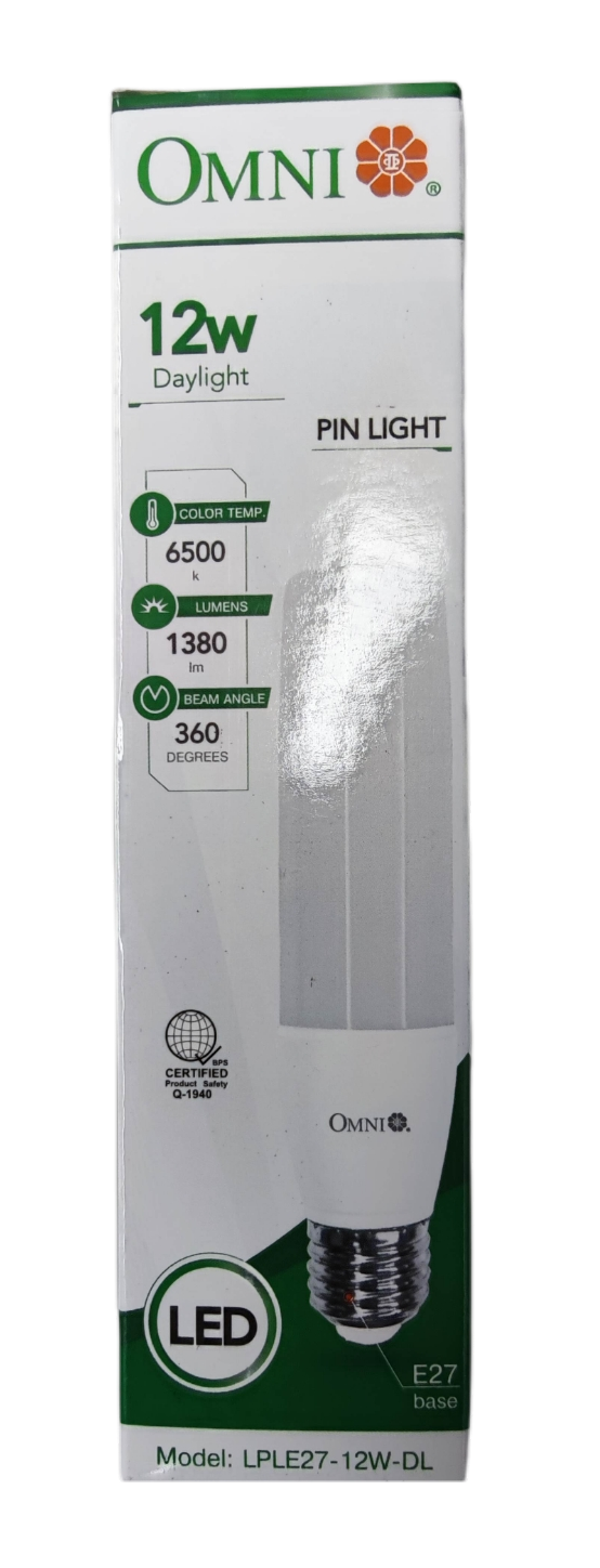 Omni 12W LED stick daylight bulb E27 in white packaging, ideal for bright home lighting