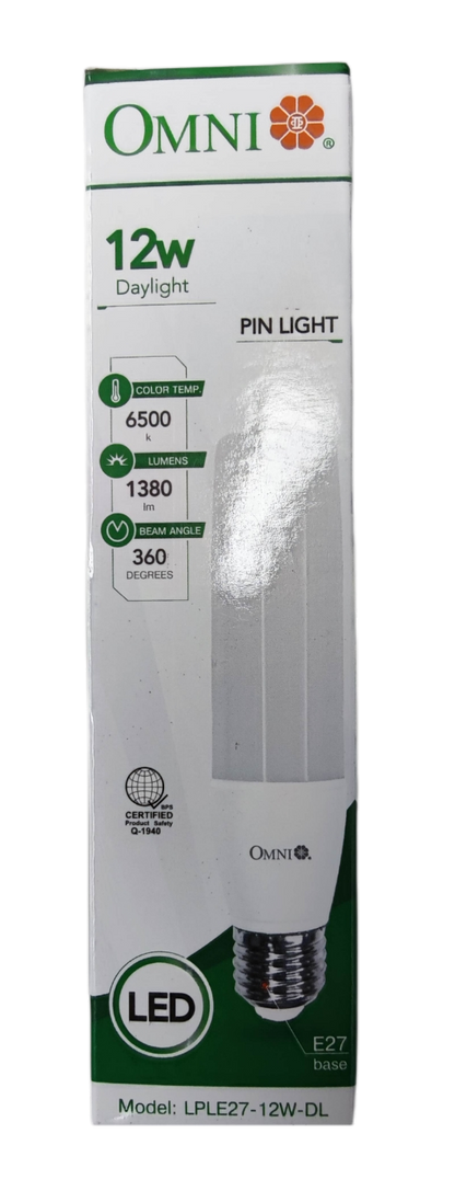 Omni 12W LED stick daylight bulb E27 in white packaging, ideal for bright home lighting