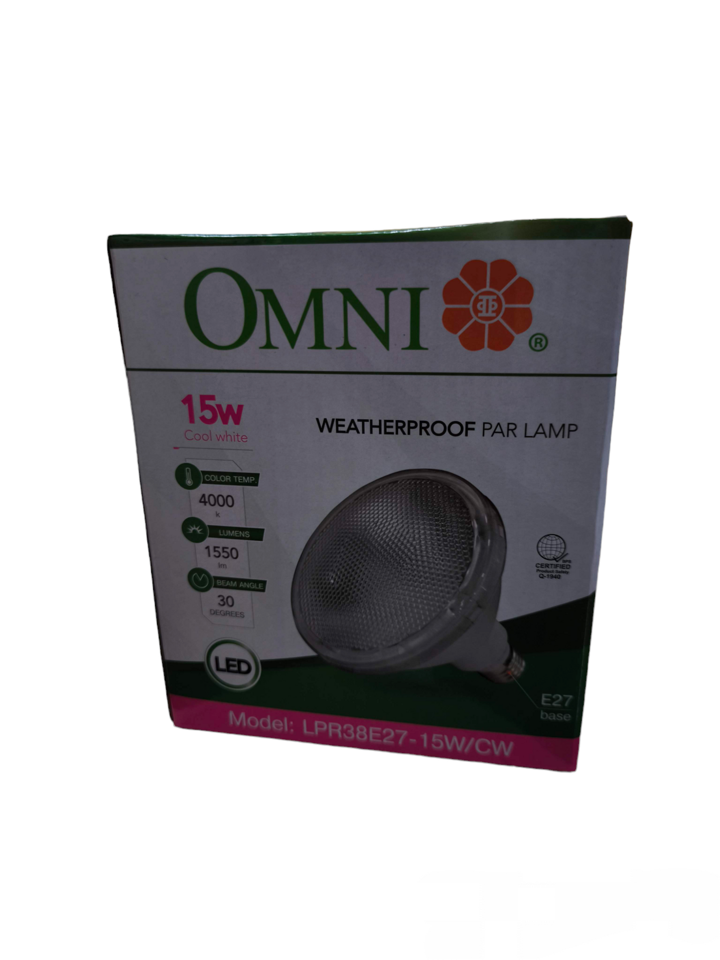 Omni 15W LED PAR 38 Lamp 220V E27 - CW in weatherproof packaging, ideal for outdoor lighting