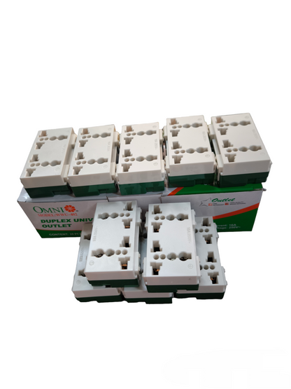 Omni 16A 250V electrical outlet pack showcasing multiple duplex outlets for versatile power needs