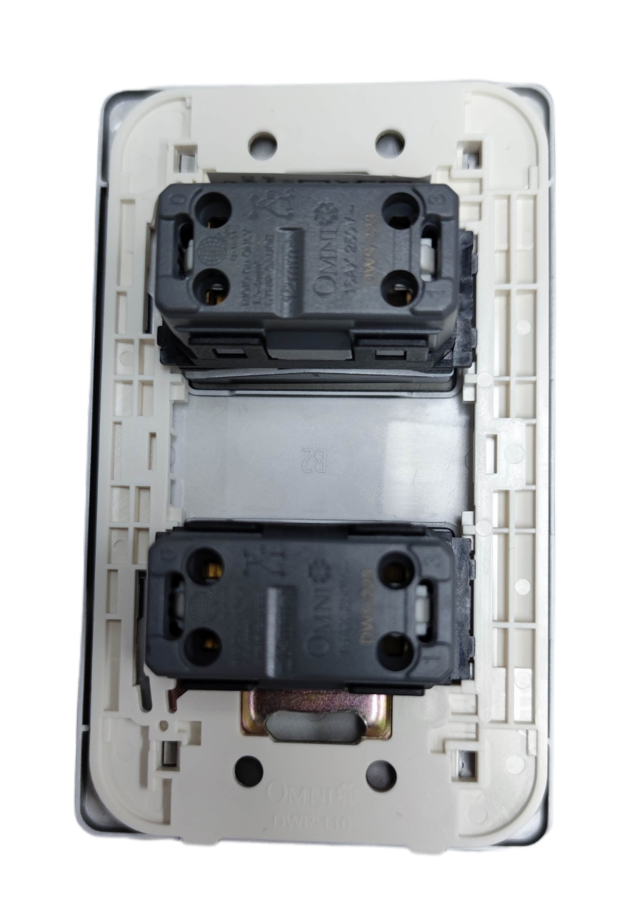 Omni 2 gang 3 way switch back view showing wiring terminals and mounting frame in white