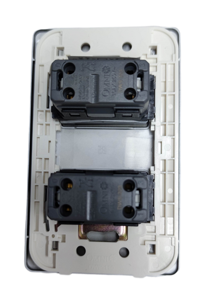 Omni 2 gang 3 way switch back view showing wiring terminals and mounting frame in white