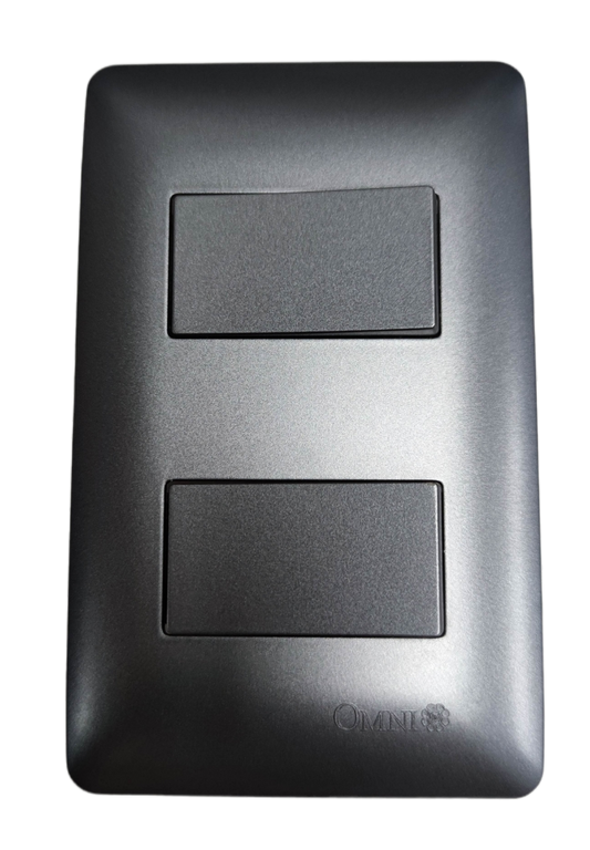 Omni 2 gang 3 way switch in black matte finish with two rectangular rocker switches