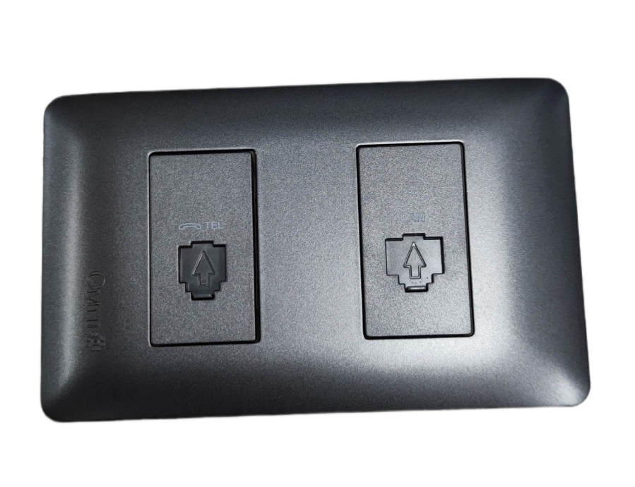 Omni black 2 gang Ethernet and phone wall plate with two shuttered keystone jacks for network and phone