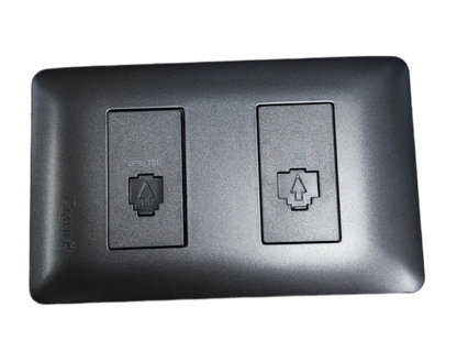 Omni black 2 gang Ethernet and phone wall plate with two shuttered keystone jacks for network and phone