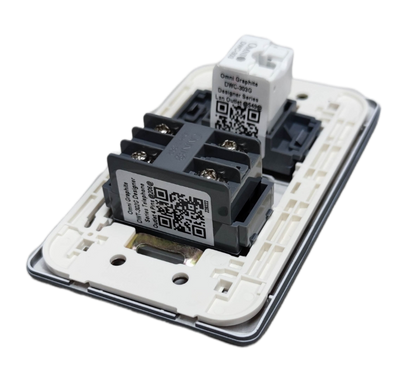 Omni 2 gang Ethernet and phone wall plate showing white mounting frame with two RJ45 and RJ11 modules