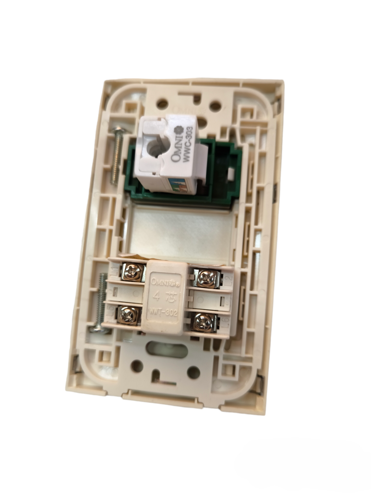 Omni 2 gang LAN and telephone outlet power point switch plug in beige plastic frame