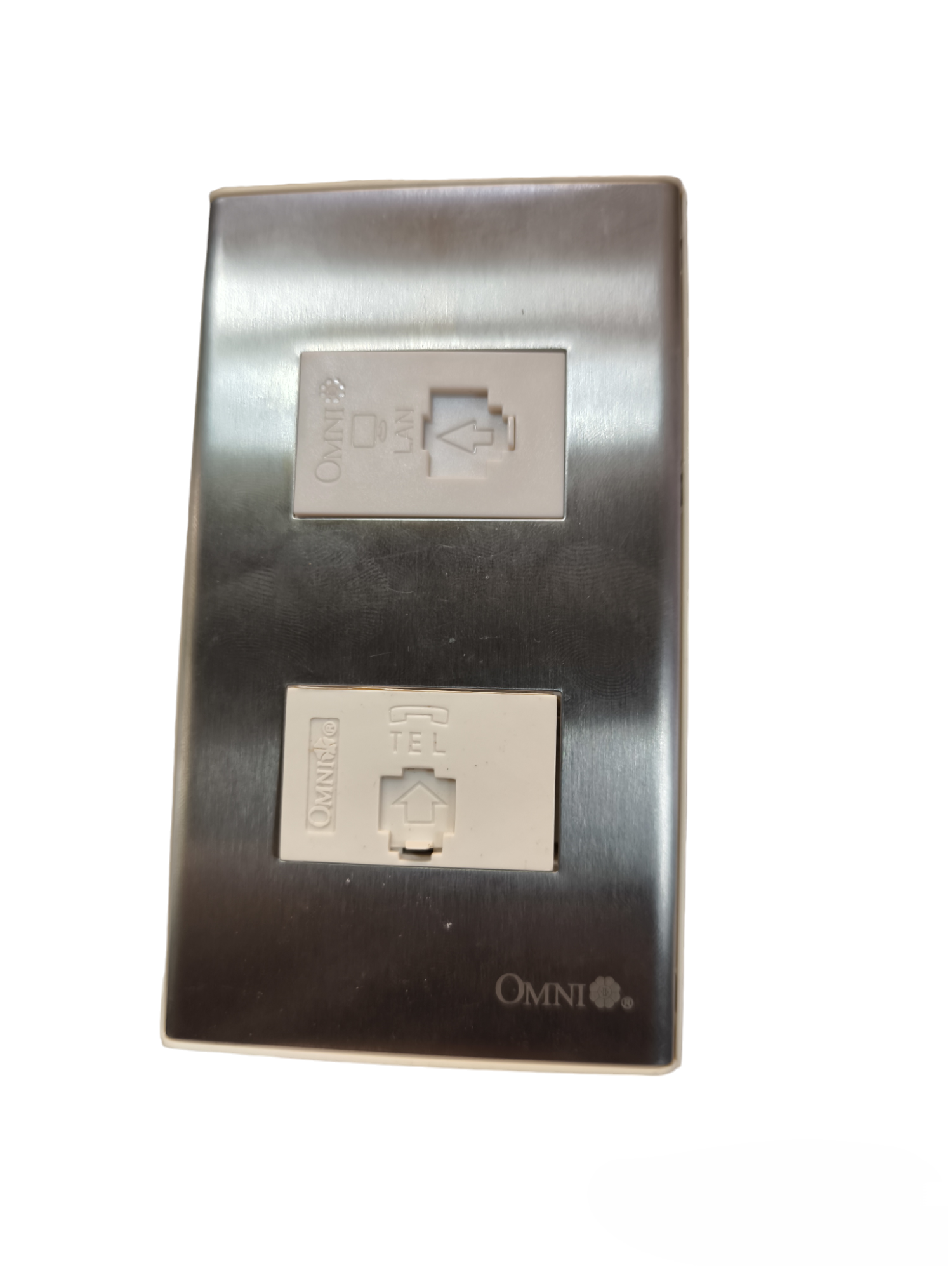 Omni 2 gang LAN and telephone outlet with metallic faceplate for wall mounting