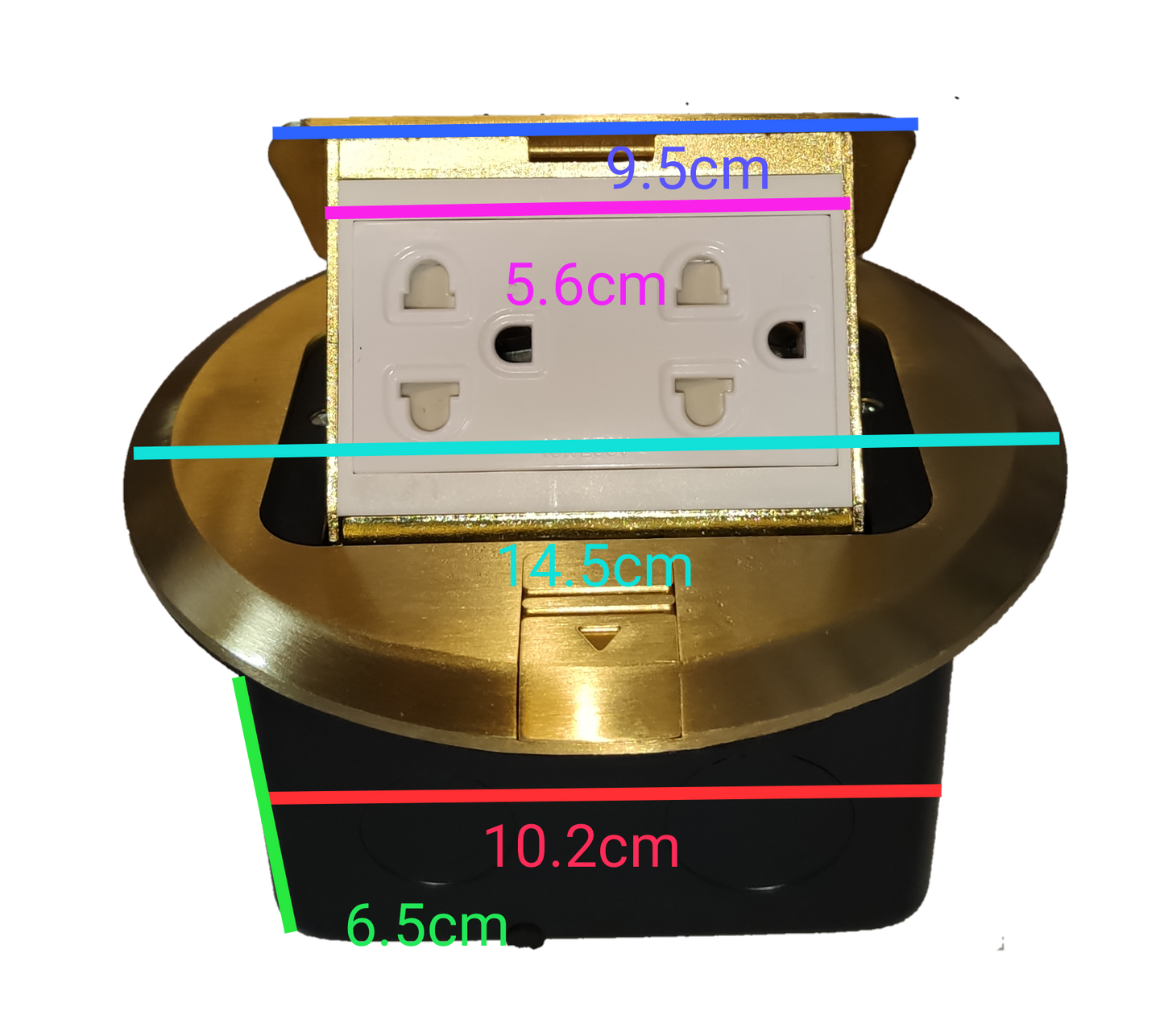 Omni 2 gang universal ground floor outlet with a sleek design and gold finish for modern interiors