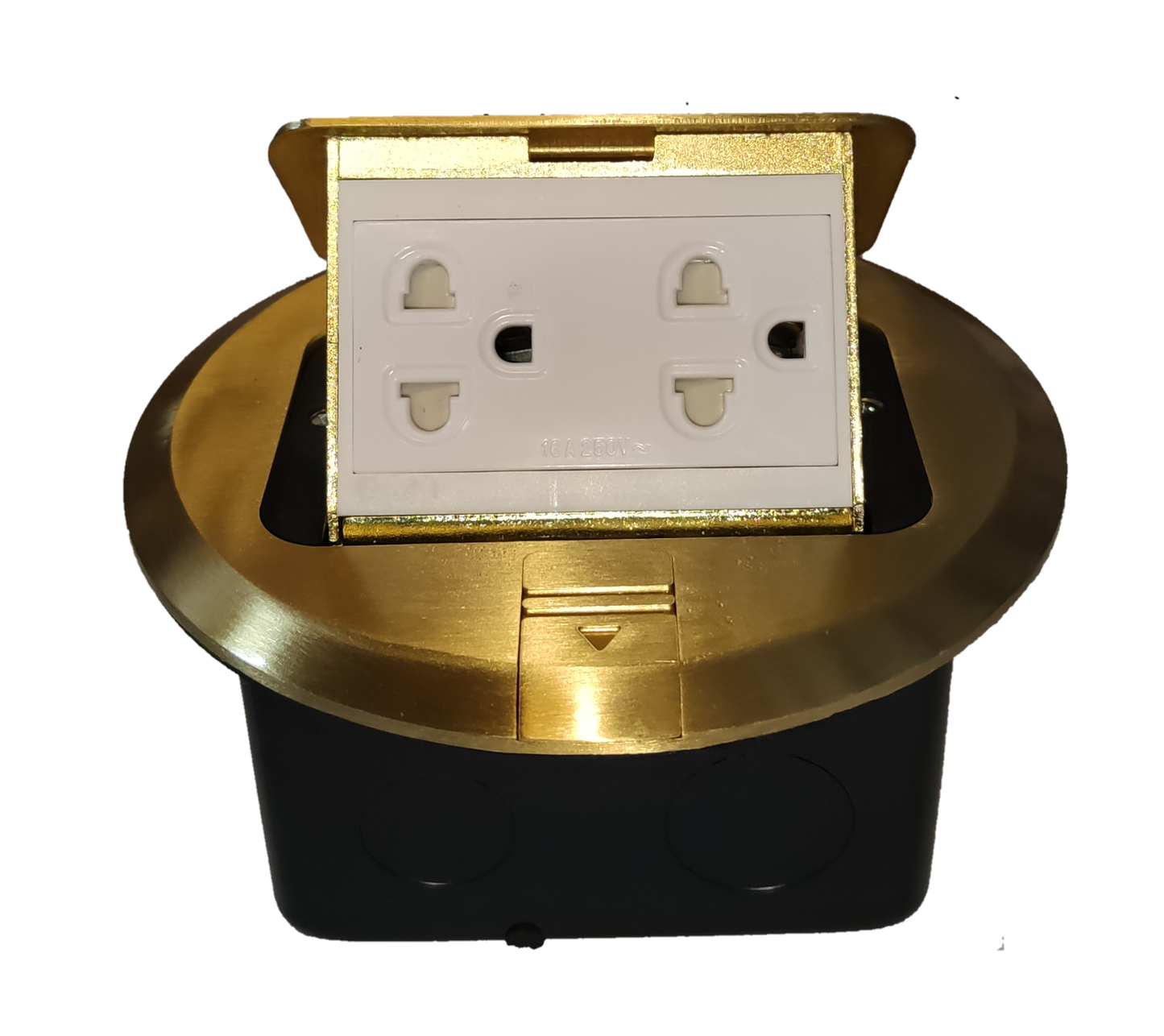 Omni 2 gang universal ground floor outlet in a sleek gold finish for modern electrical setups