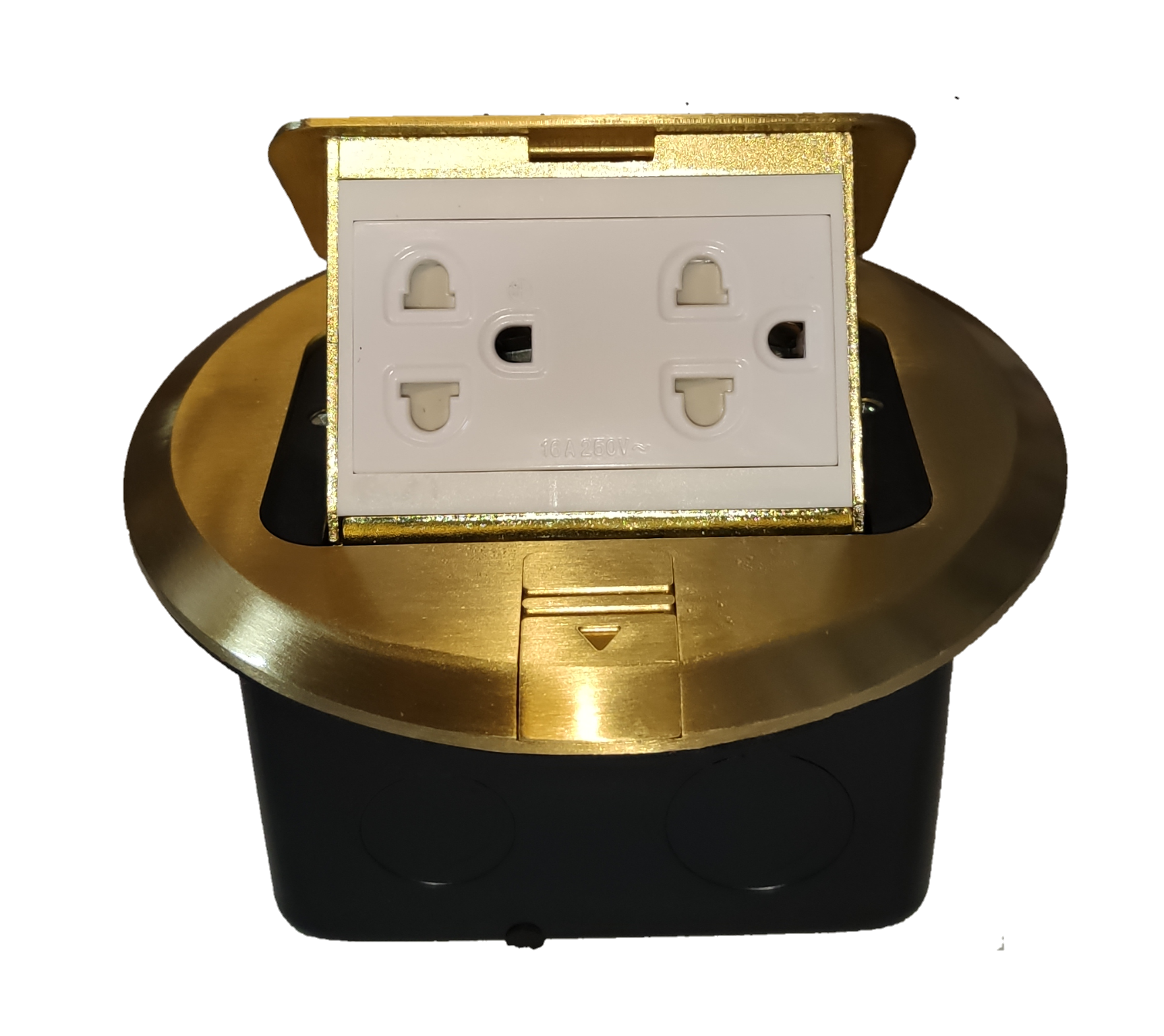 Omni 2 gang universal ground floor outlet in a sleek gold finish for modern electrical setups