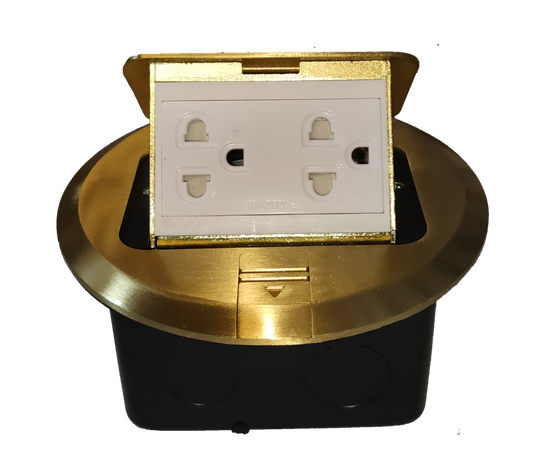 Omni 2 gang universal ground floor outlet in a sleek gold finish for modern electrical setups