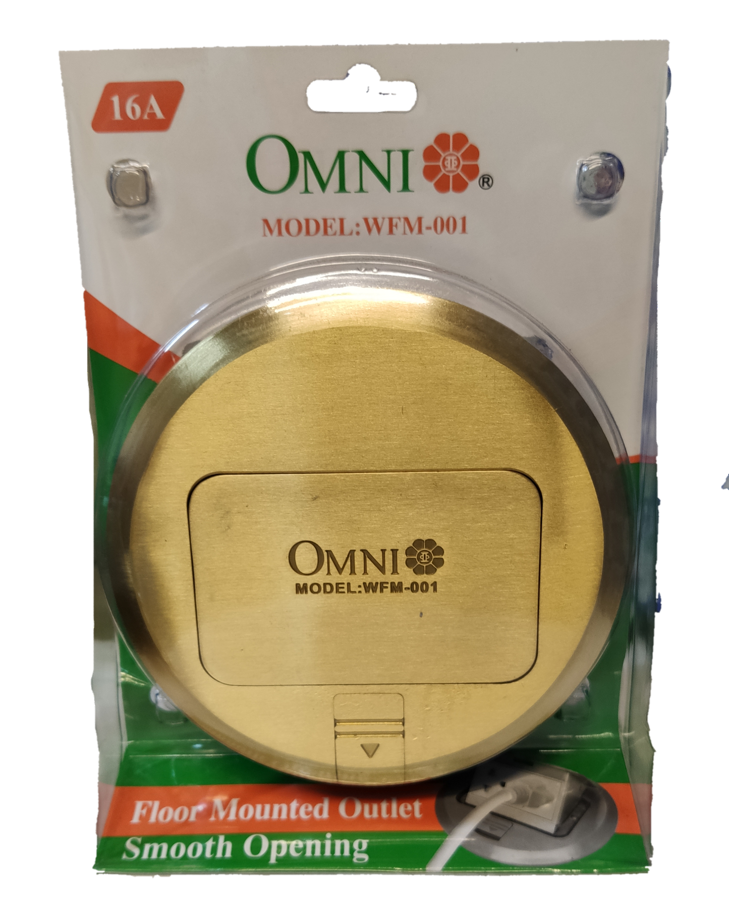 Omni 2 gang universal ground floor outlet in gold finish, ideal for easy access to power