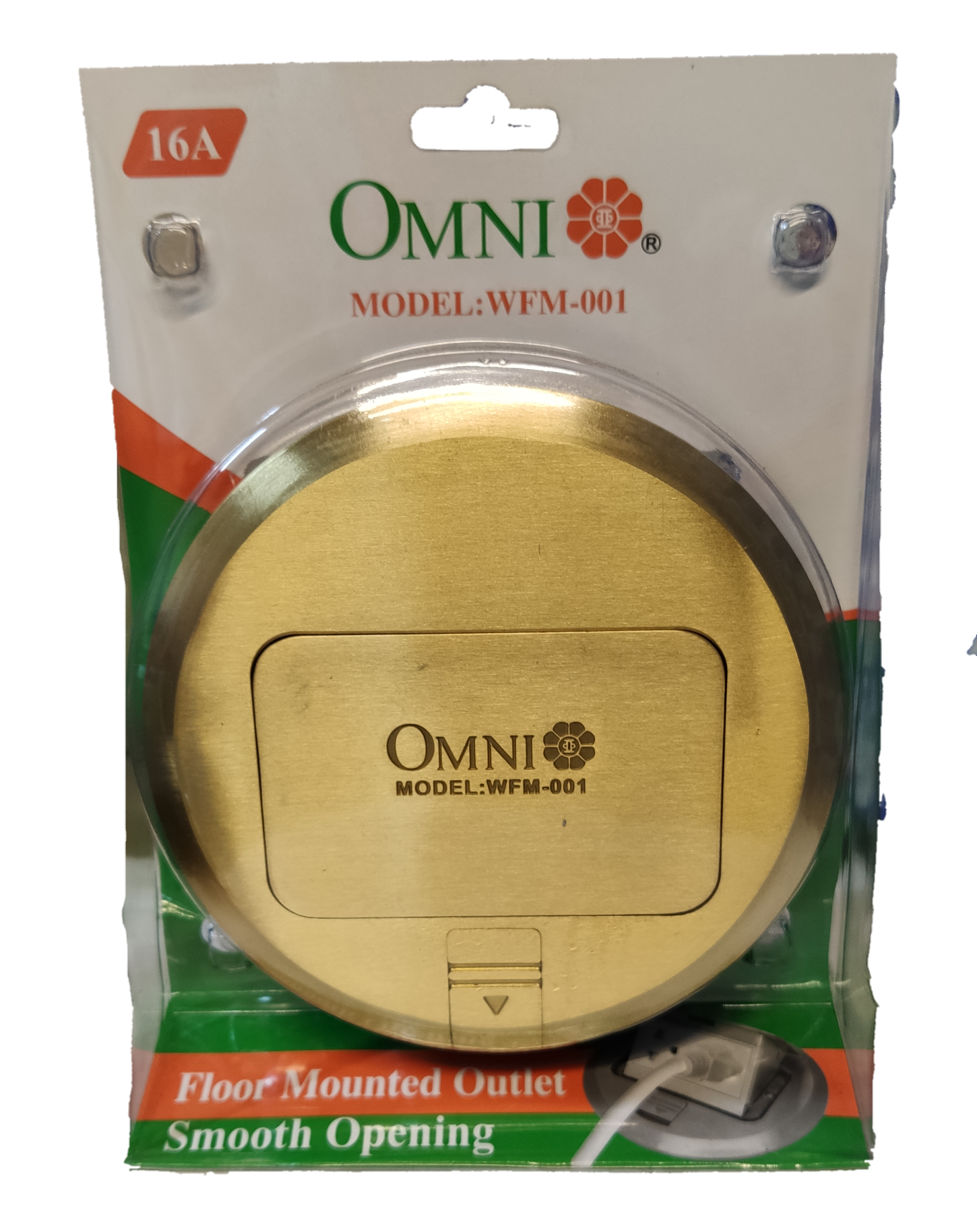 Omni 2 gang universal ground floor outlet in gold finish, ideal for easy access to power