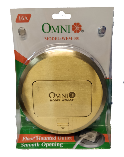 Omni 2 gang universal ground floor outlet in gold finish, ideal for easy access to power