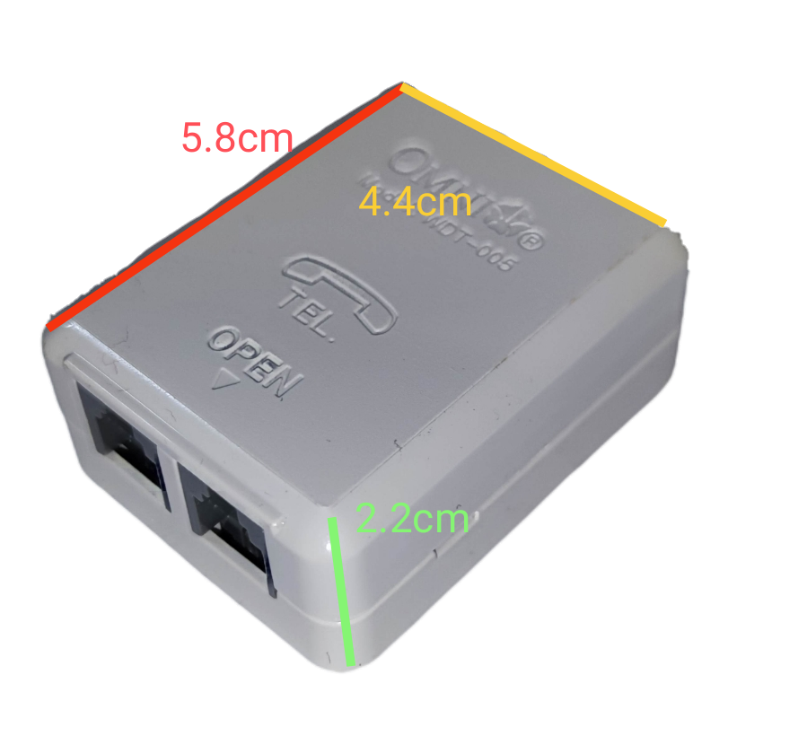 Omni 2 telephone outlet modular box in white with labeled dimensions for easy installation