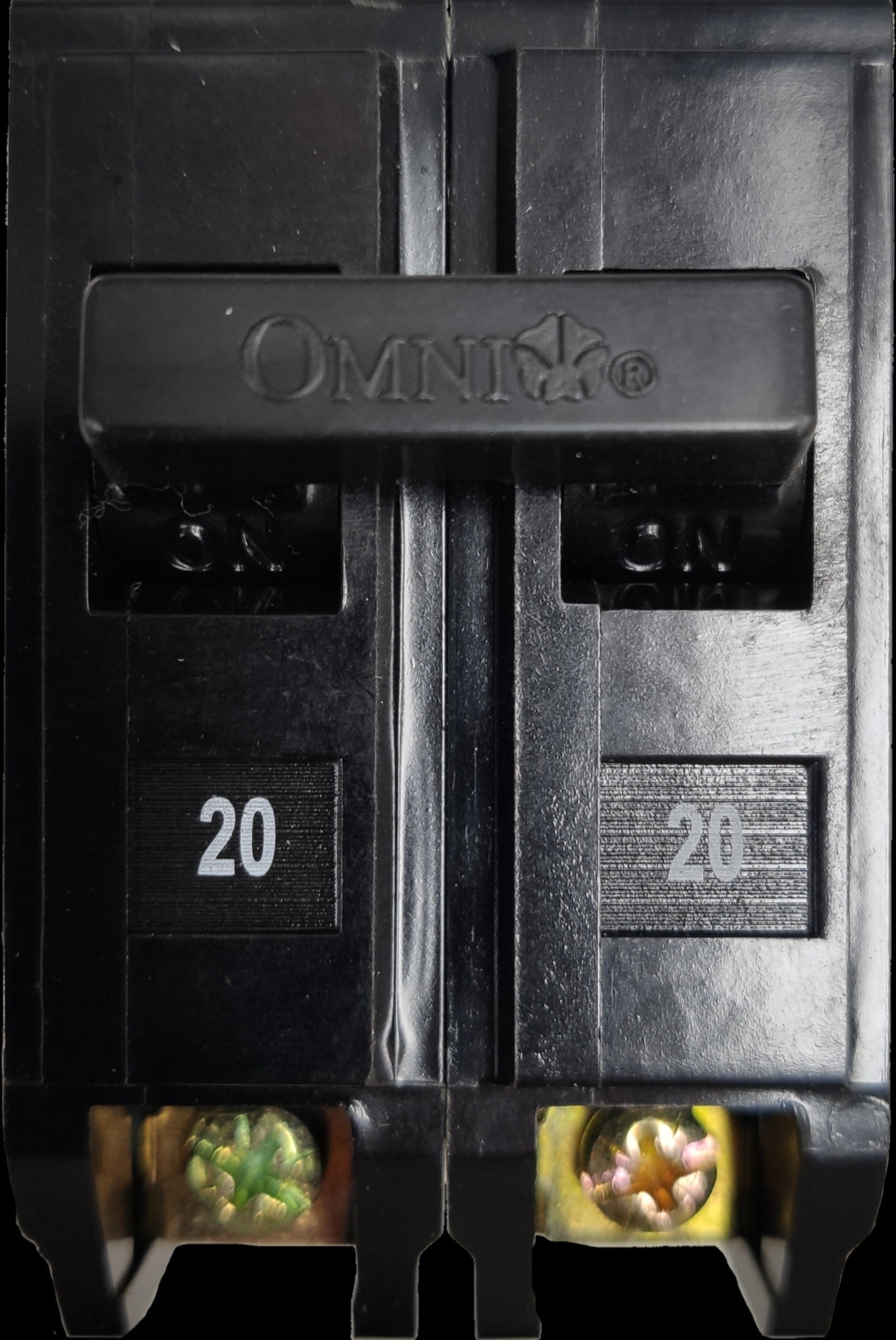 Close-up of Omni 20A circuit breaker 2 pole Plug in with clear labeling and connector terminals