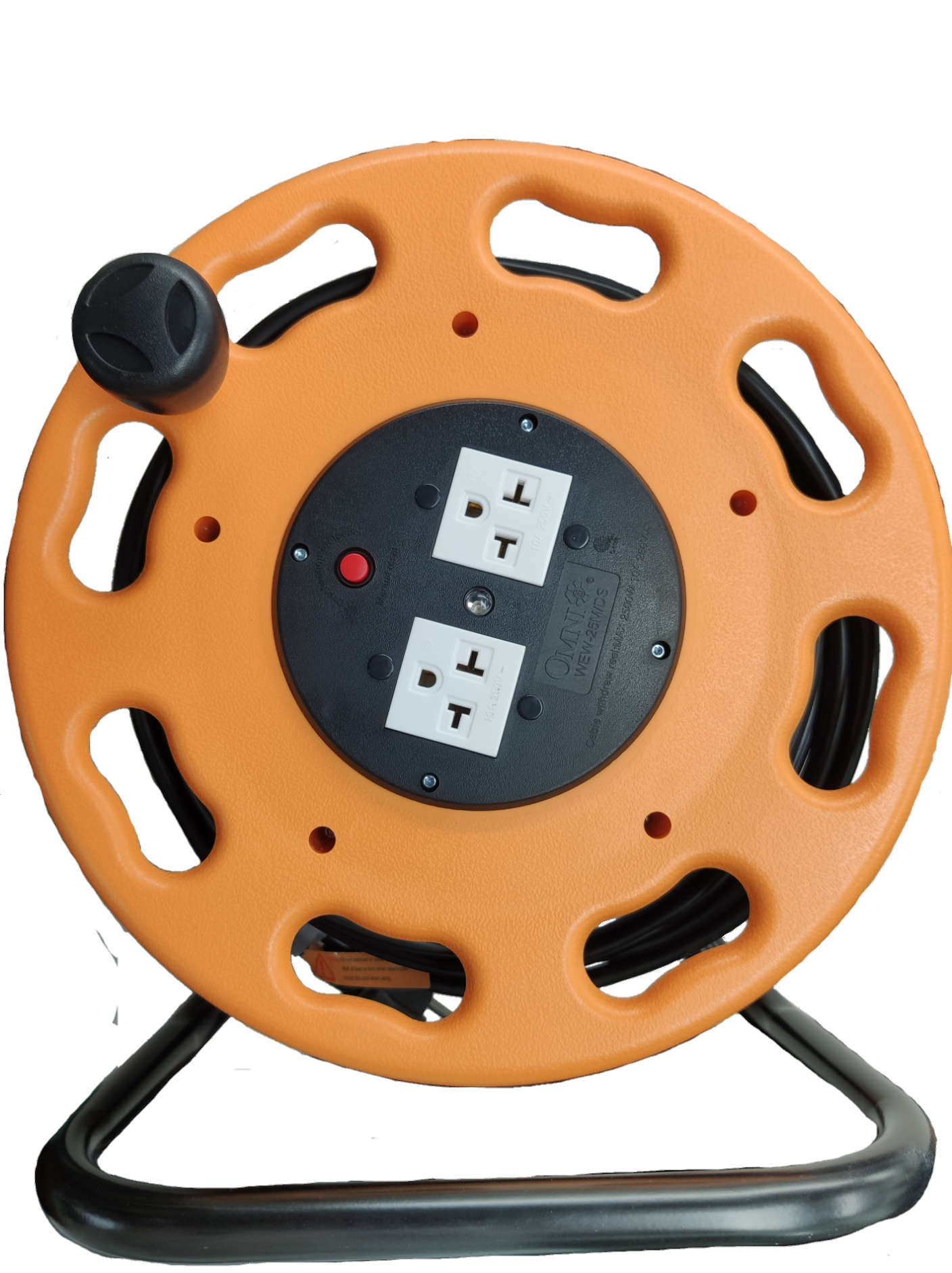 Omni 25 meter extension cord wheel in orange with dual power outlets and sturdy carrying handle
