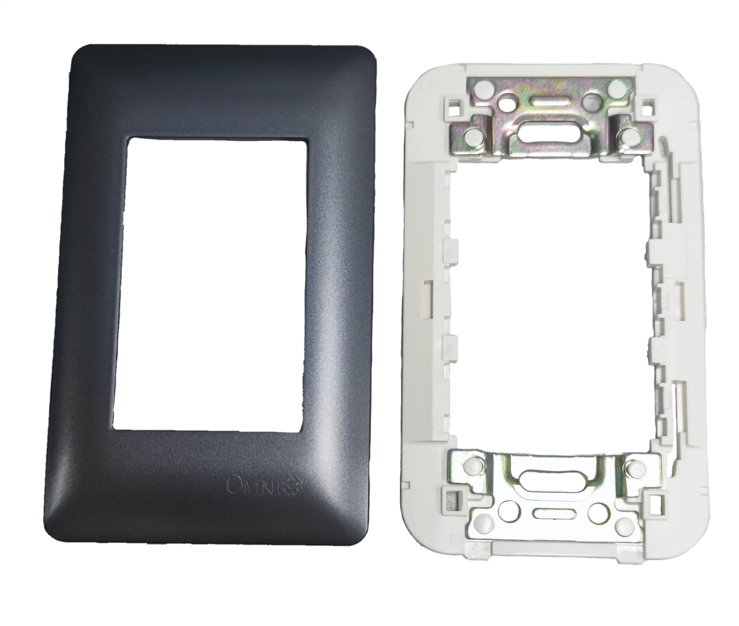 Omni 3 gang device plate cover with black front and white mounting frame for power points and switches