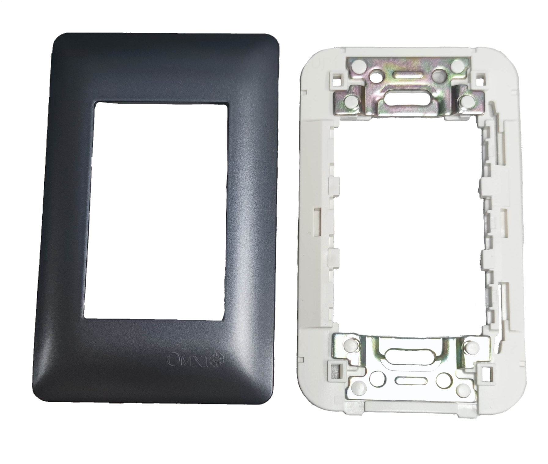 Omni 3 gang device plate cover with black front and white mounting frame for power points and switches