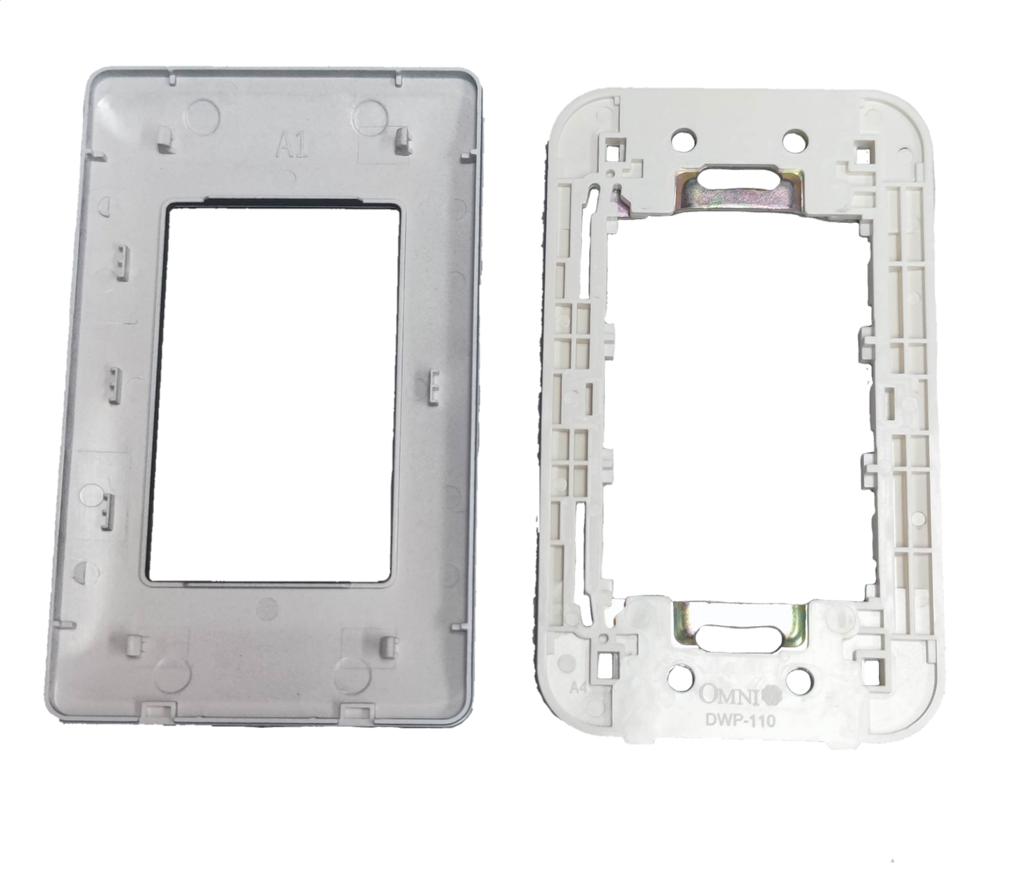 Omni 3 gang device plate cover in white plastic showing front and back views for power points switches and plugs