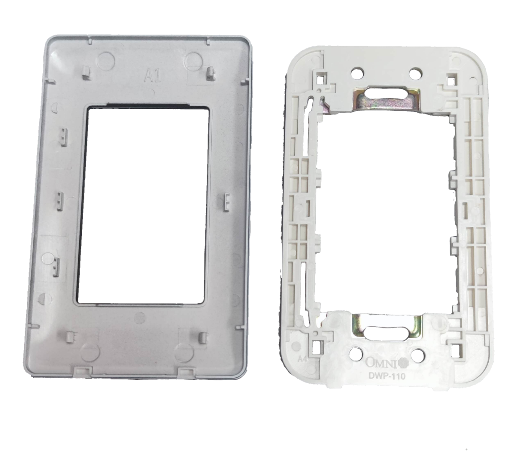Omni 3 gang device plate cover in white plastic showing front and back views for power points switches and plugs