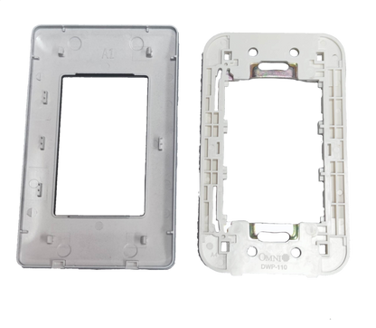 Omni 3 gang device plate cover in white plastic showing front and back views for power points switches and plugs