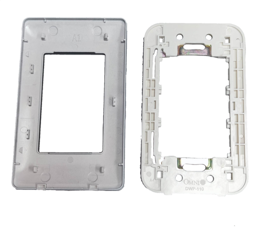Omni 3 gang device plate cover in white plastic showing front and back views for power points switches and plugs