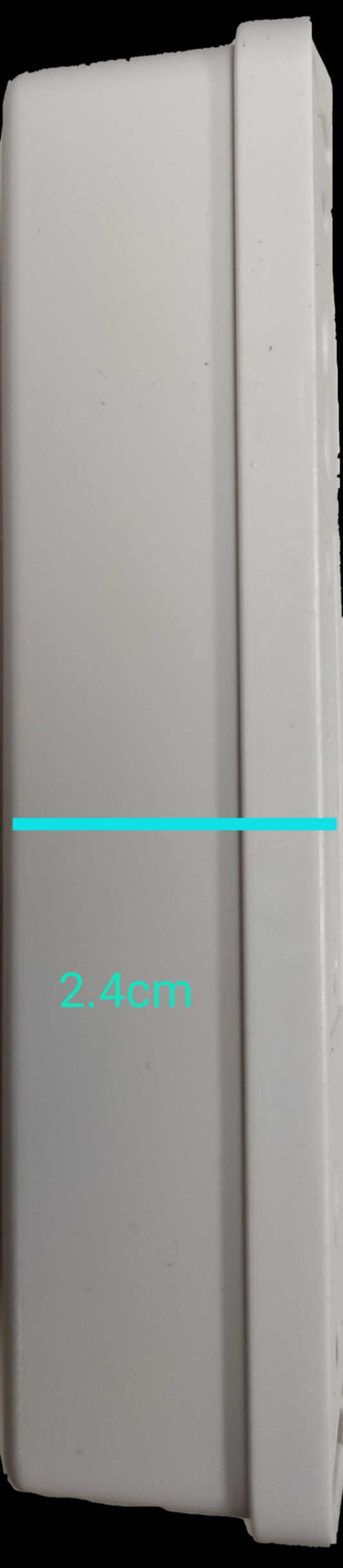 Side view of white Omni 3 gang extension outlet showing slim profile and slim depth