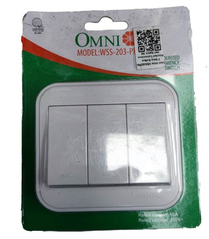 Omni 3 gang surface 1 Way Switch in white, ideal for home lighting applications