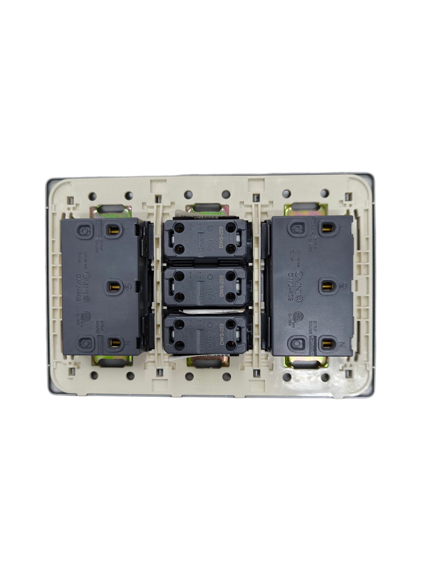 Omni 3 gang switch with 4 gang universal outlet for convenient power access in homes and offices