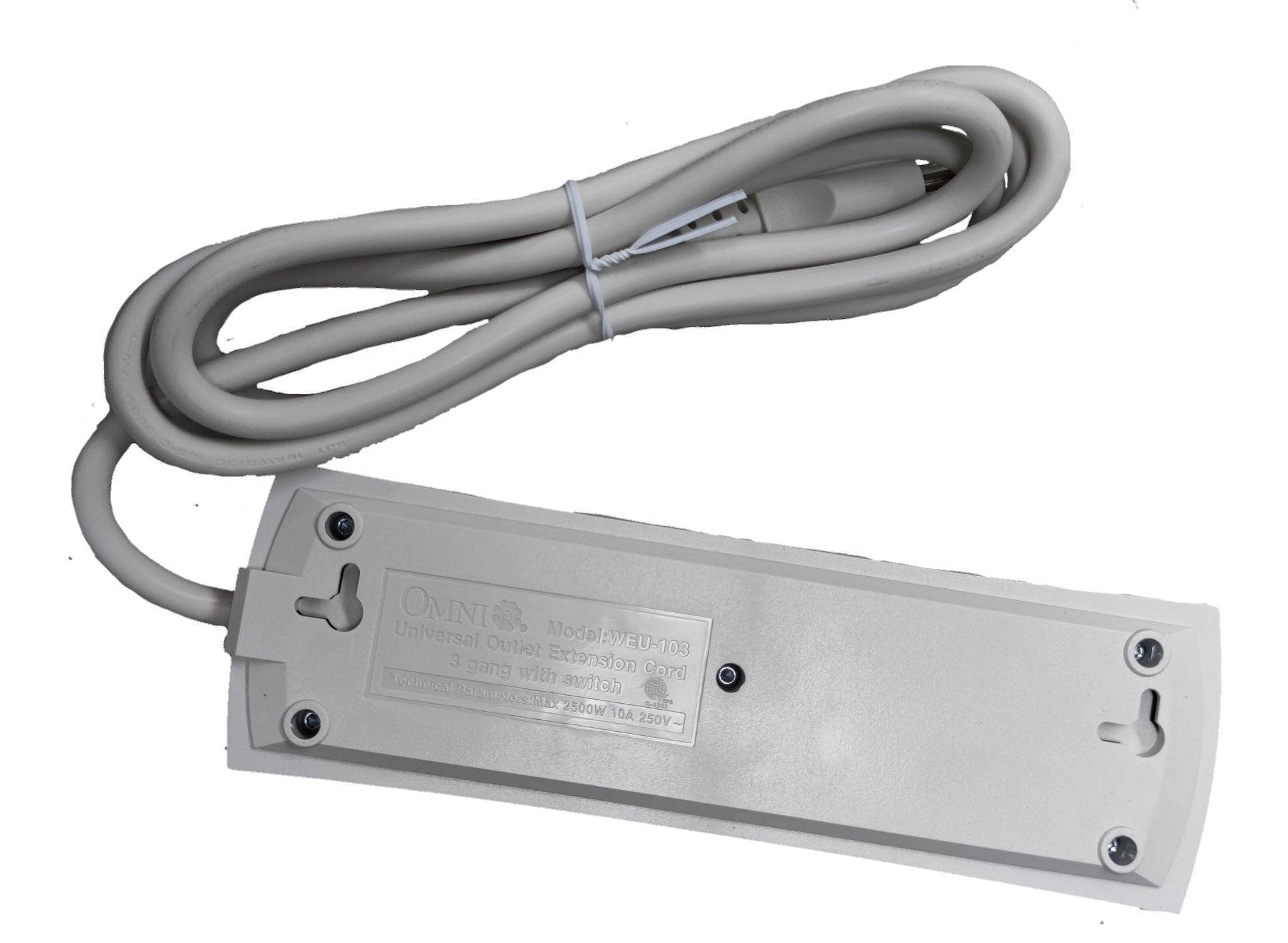 Omni 3 gang universal power strip 6 feet with white cord and mounting holes on black background