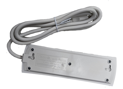Omni 3 gang universal power strip 6 feet with white cord and mounting holes on black background