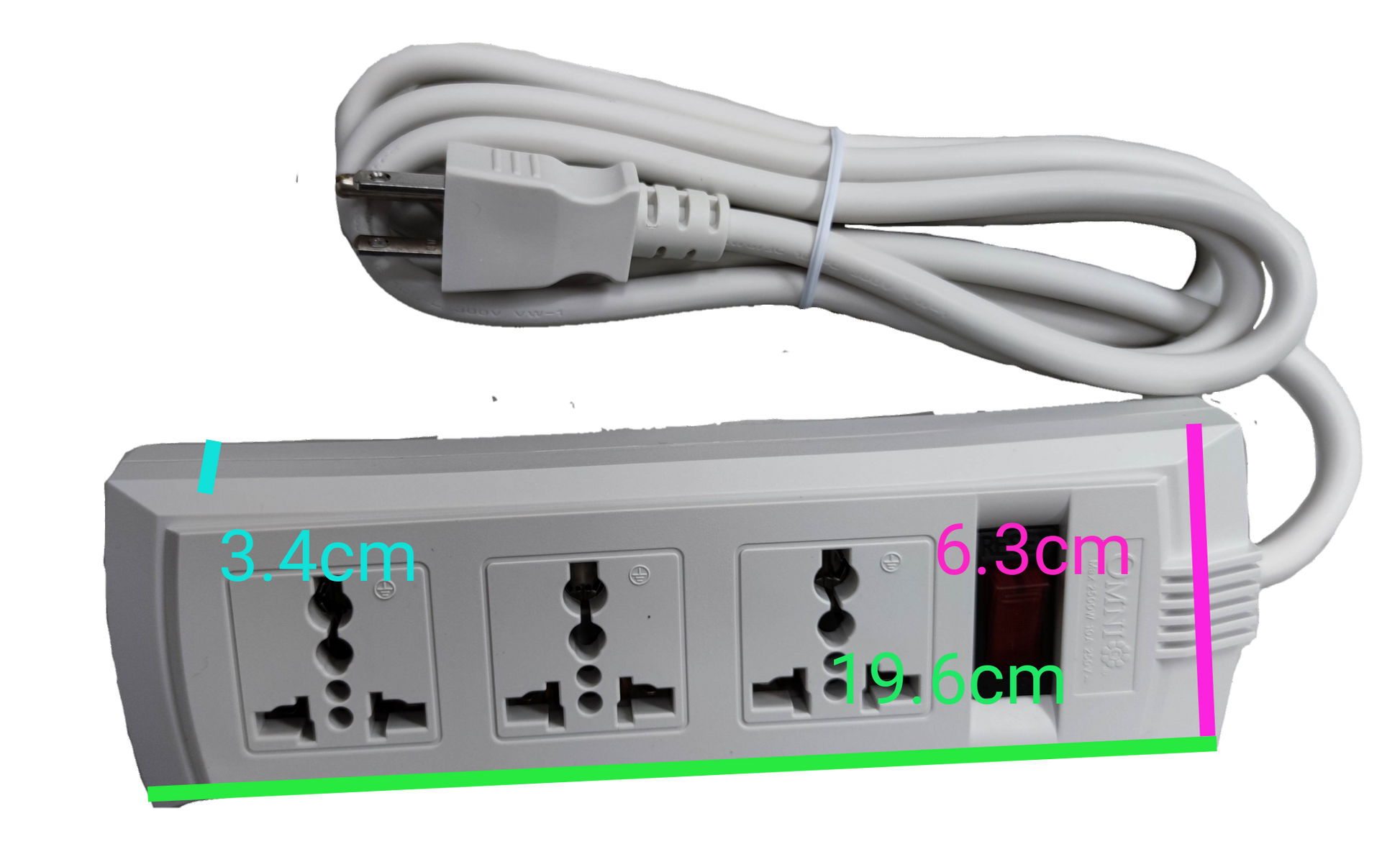 Omni 3 gang universal power strip 6 feet with three universal sockets and white cable