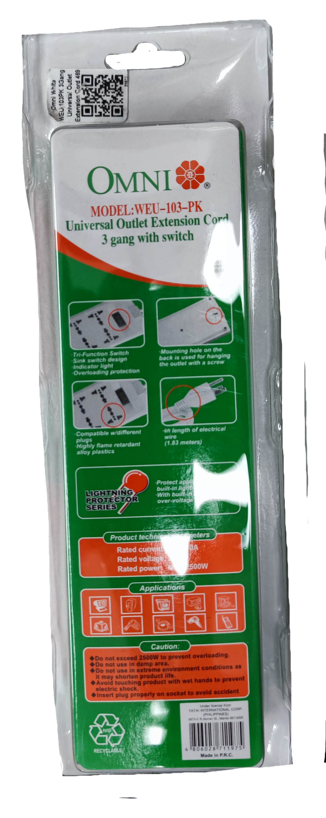 Omni 3 gang universal power strip 6 feet with switch and universal outlet extension cord in packaging