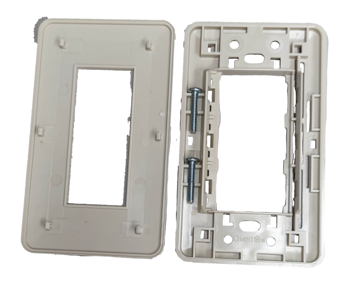 Omni 3 gang wall plate in white with mounting screws and frame for power points and switches