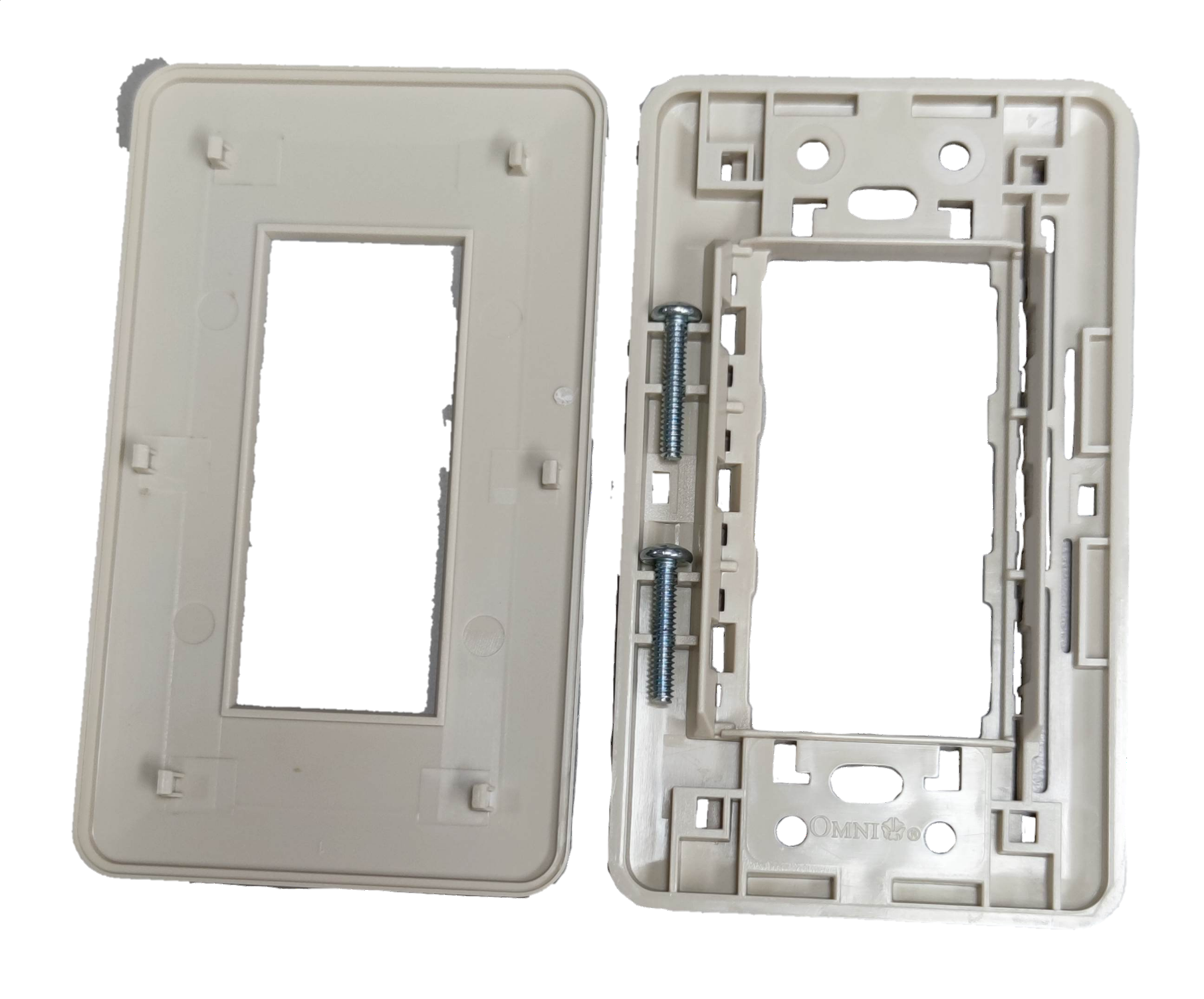Omni 3 gang wall plate in white with mounting screws and frame for power points and switches